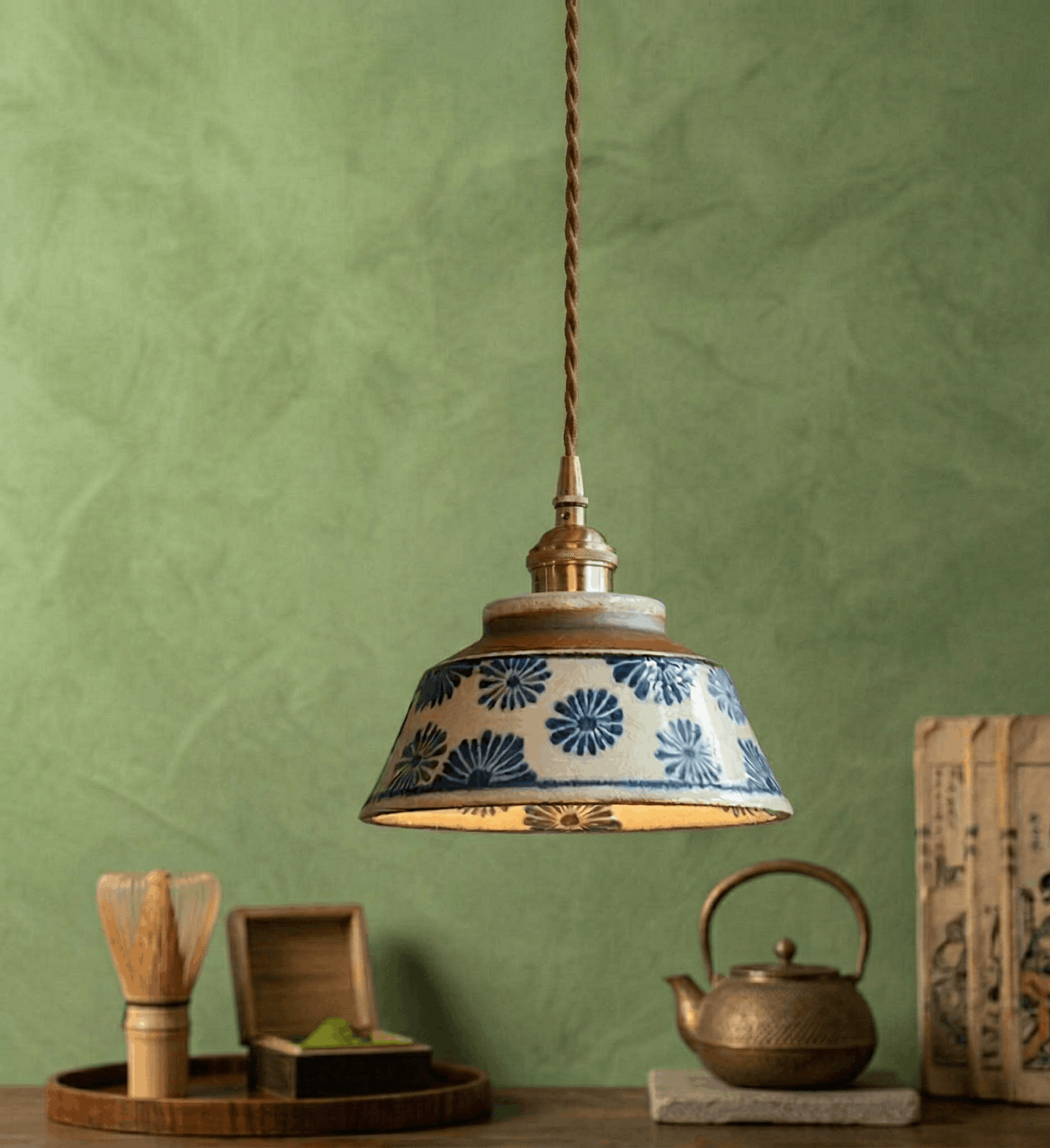 Ceramic Floral Pendant Light – Blue & White Japanese-Inspired Bedside Lamp - Modefinity