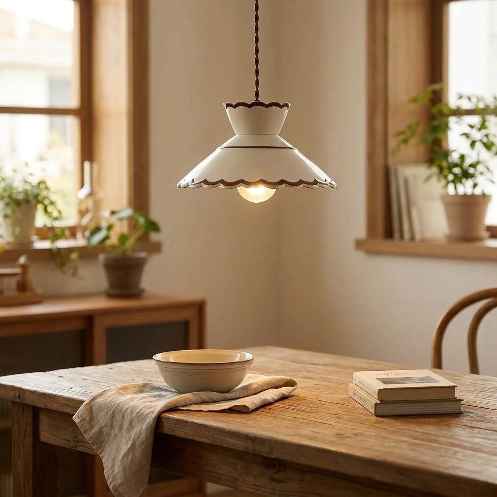 Clara Scalloped Ceramic Pendant Light – Vintage Cream & Brown Trim