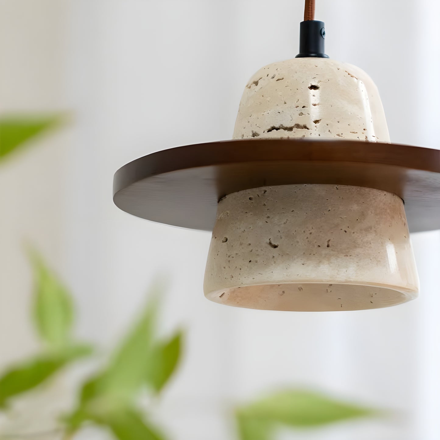 Halo Travertine & Wood Pendant Light - Modefinity