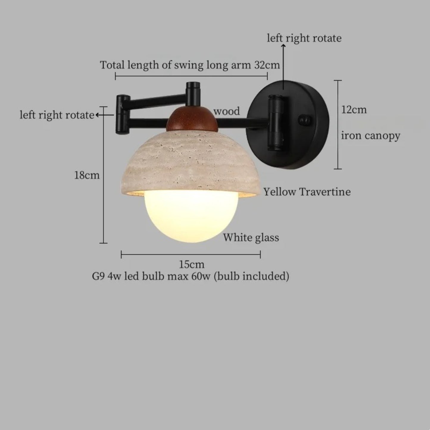 Industrial Stone & Wood Swing Arm Wall Light - Modefinity