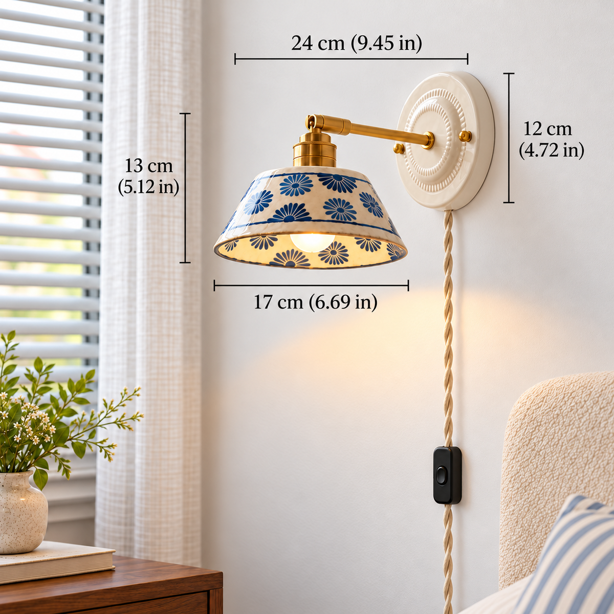 Vintage Ceramic Wall Sconce with Blue Floral Shade – Handmade Bedside Light Fixture