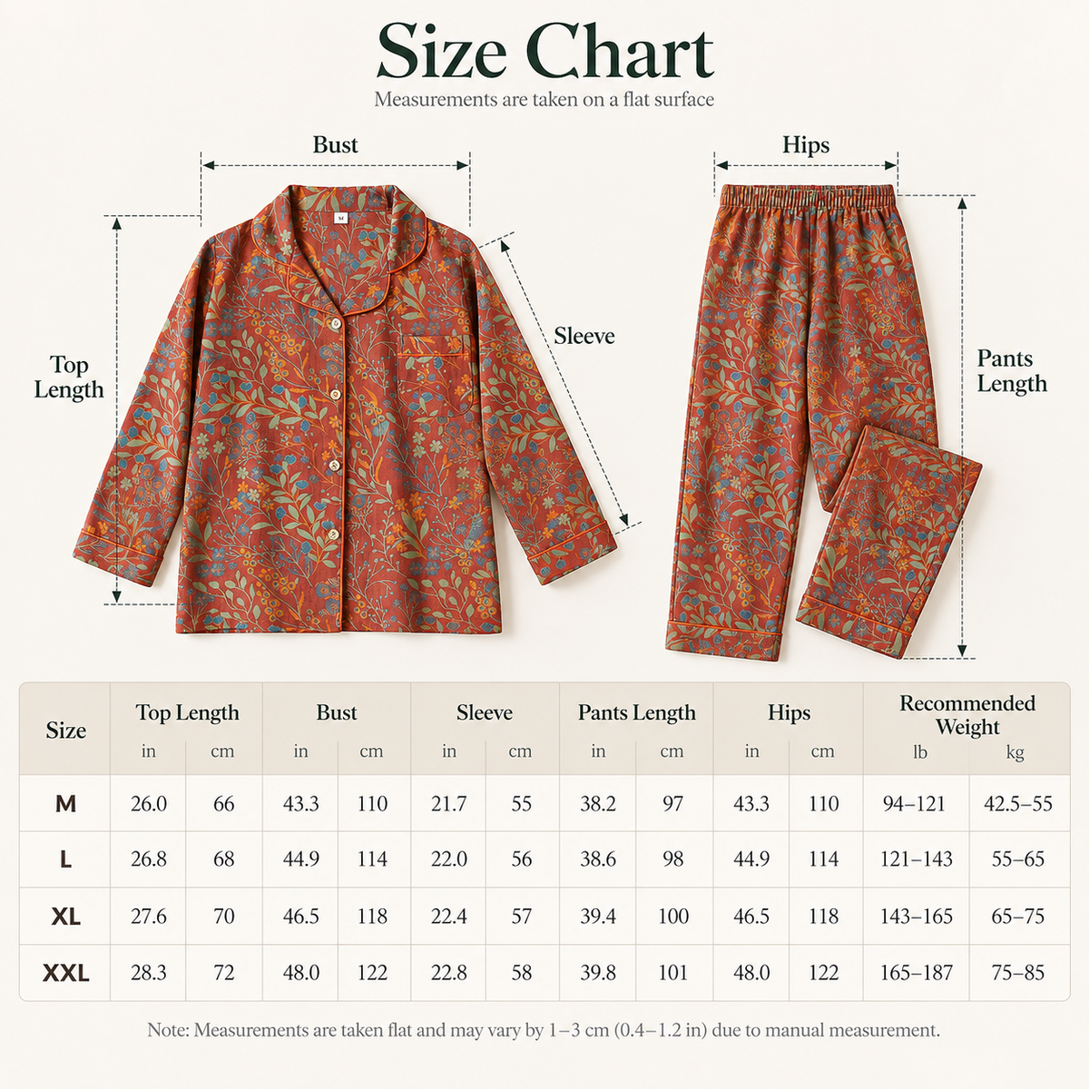 Botanical Cotton Pajama Set size chart with measurements in inches and centimeters