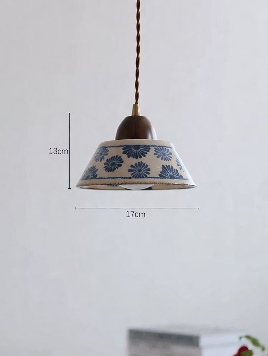 Japanese Ceramic Pendant Light – Blue Floral Shade, Handcrafted Pendant Lamp - Modefinity