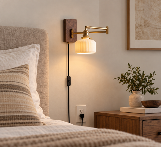 Plug-in swing arm wall sconce beside a bed with visible cord and outlet