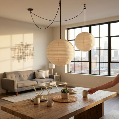 Hikari Japanese Paper Lantern Pendant Light – Oversized Wabi Sabi Chandelier