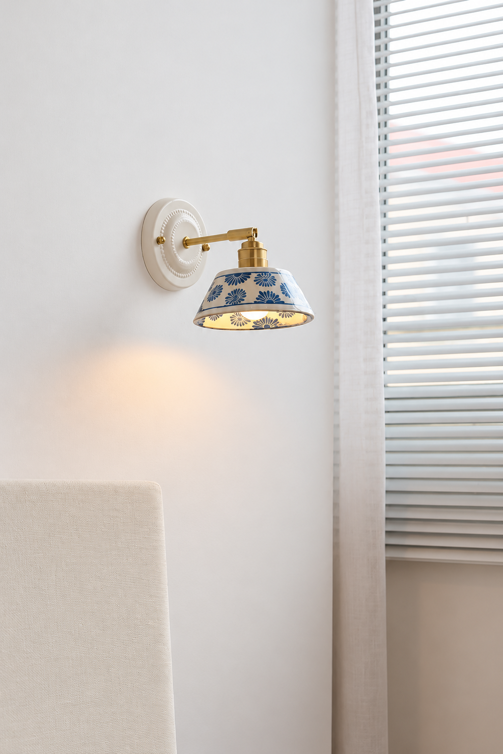 Vintage Ceramic Wall Sconce with Blue Floral Shade – Handmade Bedside Light Fixture