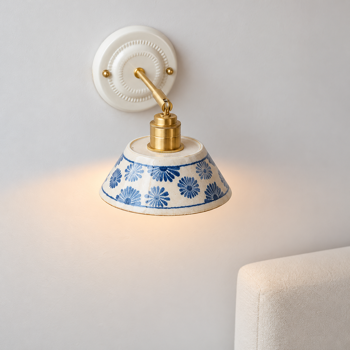 Vintage Ceramic Wall Sconce with Blue Floral Shade – Handmade Bedside Light Fixture