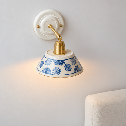 Vintage Ceramic Wall Sconce with Blue Floral Shade – Handmade Bedside Light Fixture