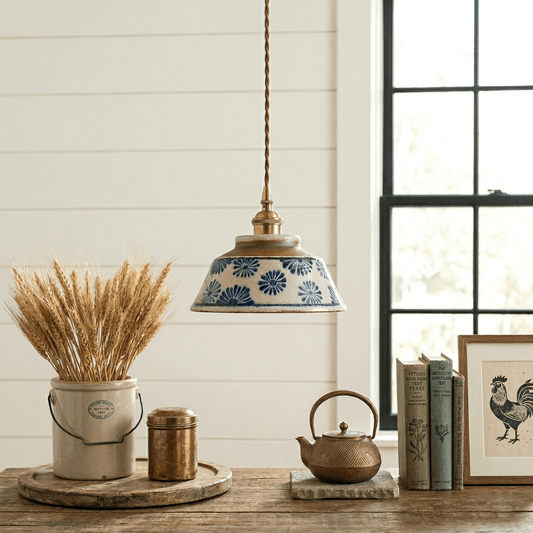 Ceramic Floral Pendant Light – Blue & White Japanese-Inspired Bedside Lamp - Modefinity