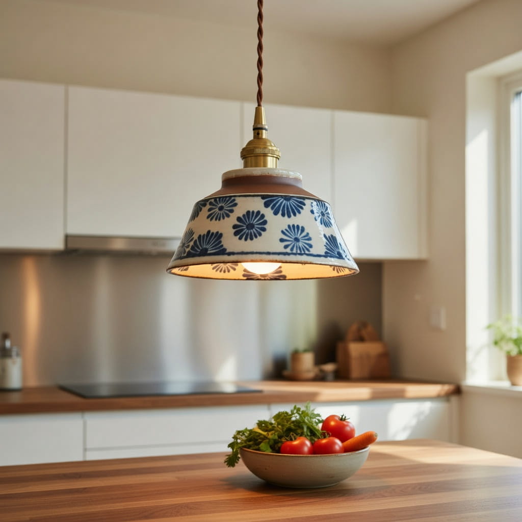 Ceramic Floral Pendant Light – Blue & White Japanese-Inspired Bedside Lamp - Modefinity