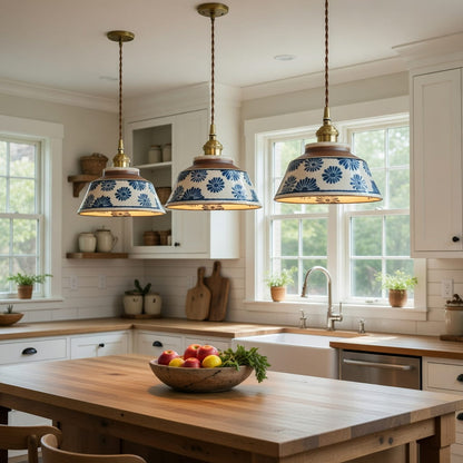 Ceramic Floral Pendant Light – Blue & White Japanese-Inspired Bedside Lamp - Modefinity