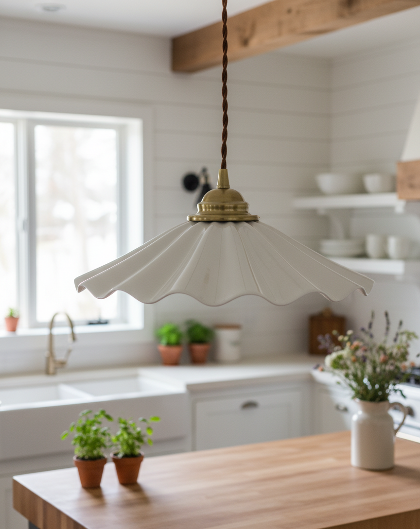Elegant Wave Pendant Light with Brass Socket & Brown Cord – Soft Ivory Ceramic Shade - Modefinity