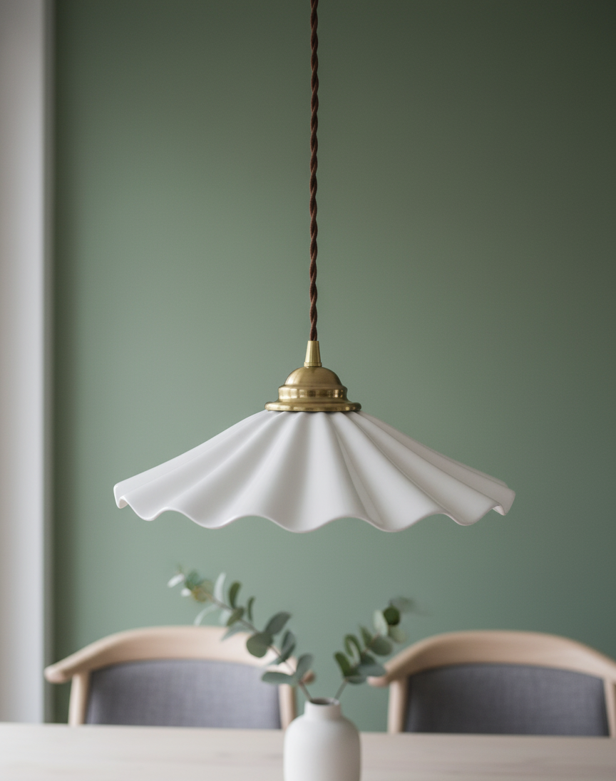 Elegant Wave Pendant Light with Brass Socket & Brown Cord – Soft Ivory Ceramic Shade - Modefinity