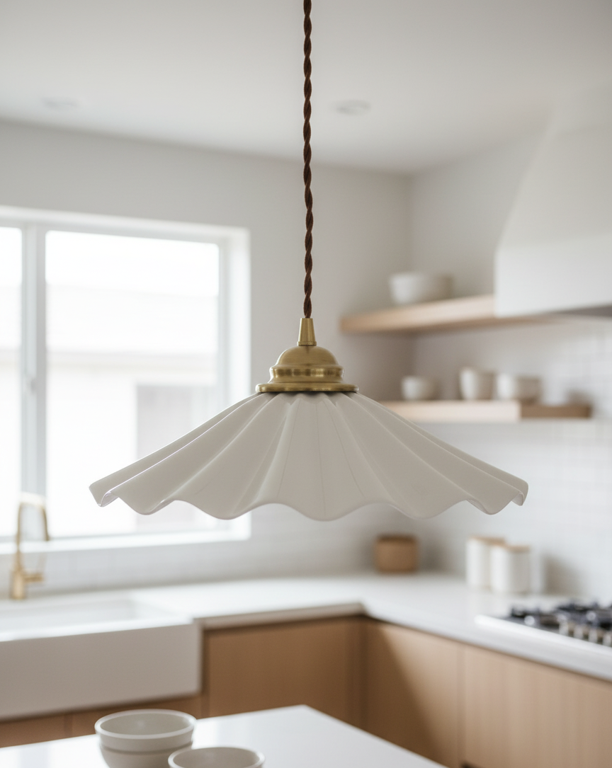 Elegant Wave Pendant Light with Brass Socket & Brown Cord – Soft Ivory Ceramic Shade - Modefinity