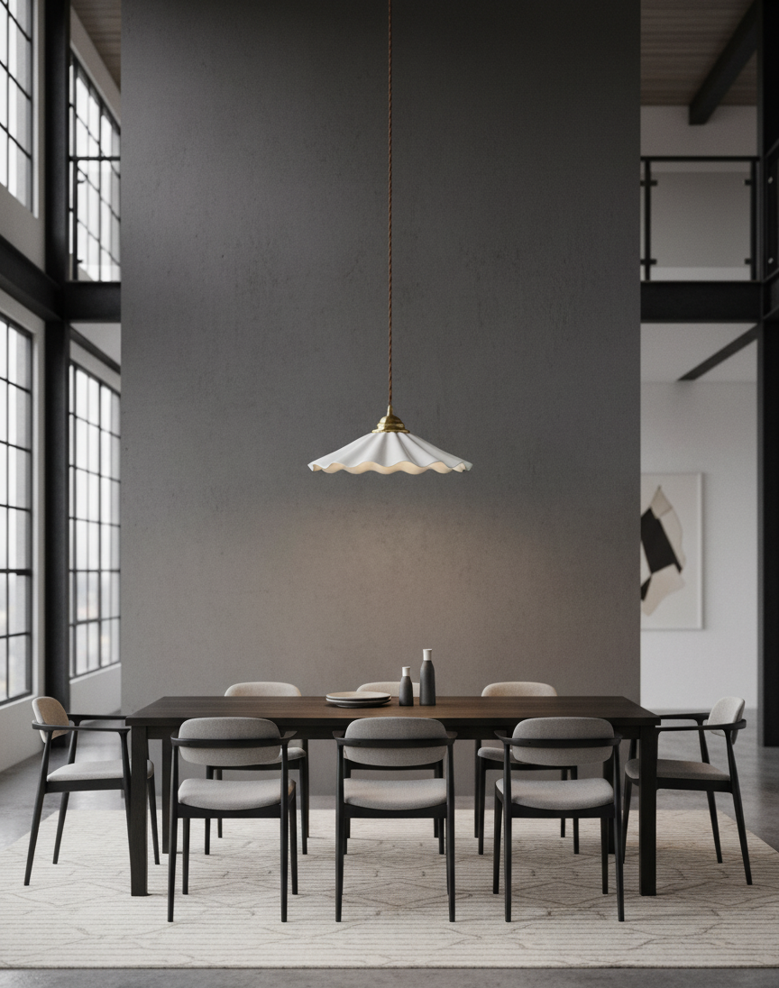 Elegant Wave Pendant Light with Brass Socket & Brown Cord – Soft Ivory Ceramic Shade - Modefinity