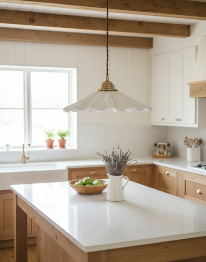 Elegant Wave Pendant Light with Brass Socket & Brown Cord – Soft Ivory Ceramic Shade - Modefinity
