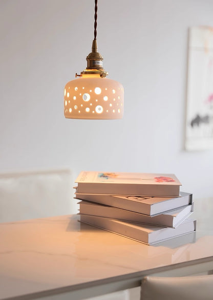 Modern Ceramic Pendant Light – Perforated Shade with Warm Glow