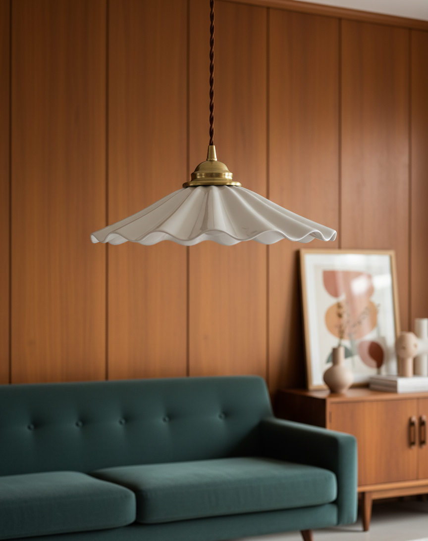 Elegant Wave Pendant Light with Brass Socket & Brown Cord – Soft Ivory Ceramic Shade - Modefinity