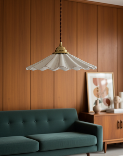 Elegant Wave Pendant Light with Brass Socket & Brown Cord – Soft Ivory Ceramic Shade - Modefinity