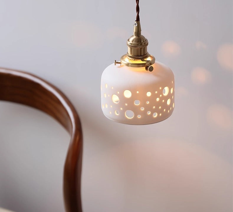 Modern Ceramic Pendant Light – Perforated Shade with Warm Glow