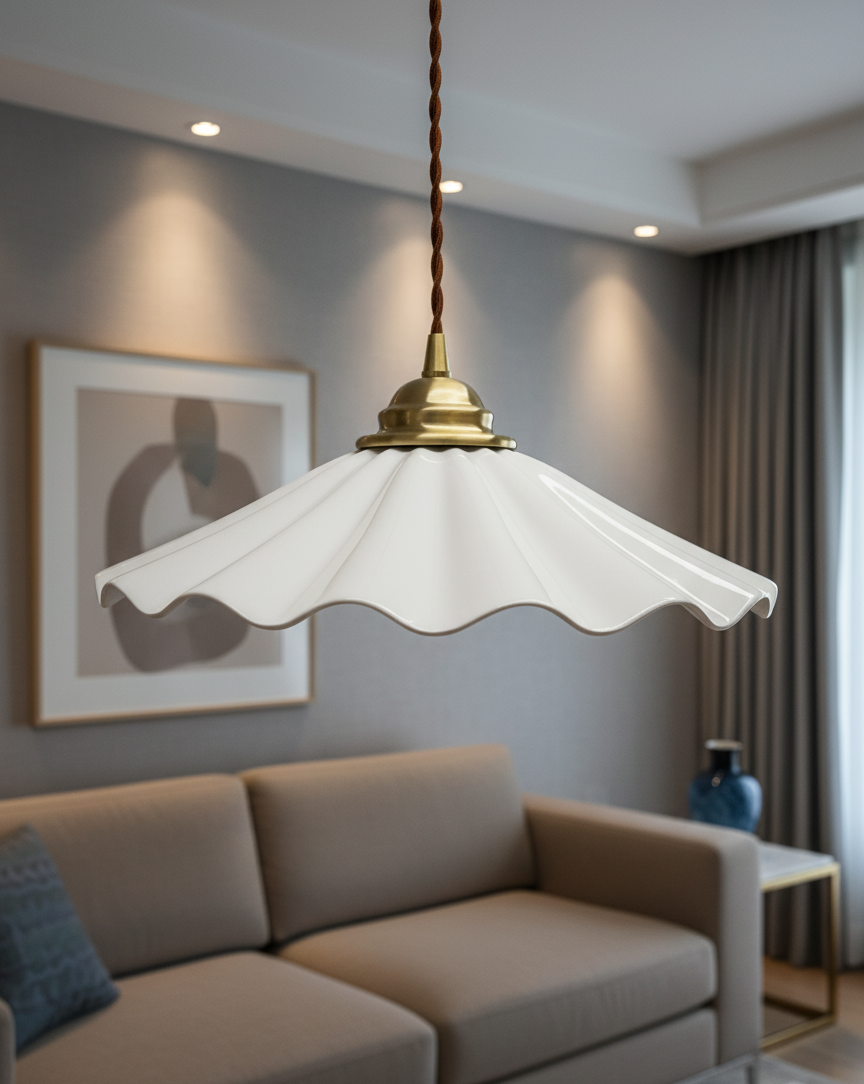 Elegant Wave Pendant Light with Brass Socket & Brown Cord – Soft Ivory Ceramic Shade - Modefinity