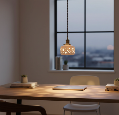 Modern Ceramic Pendant Light – Perforated Shade with Warm Glow