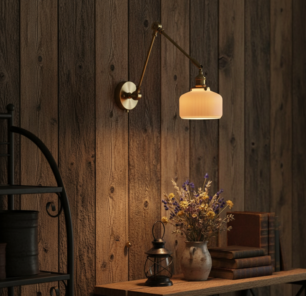 Swing Arm White Ceramic Wall Light – Brass Hardware