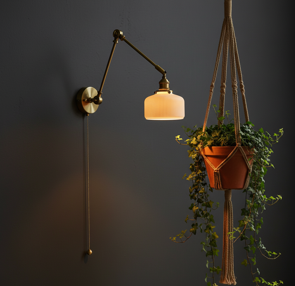 Swing Arm White Ceramic Wall Light – Brass Hardware