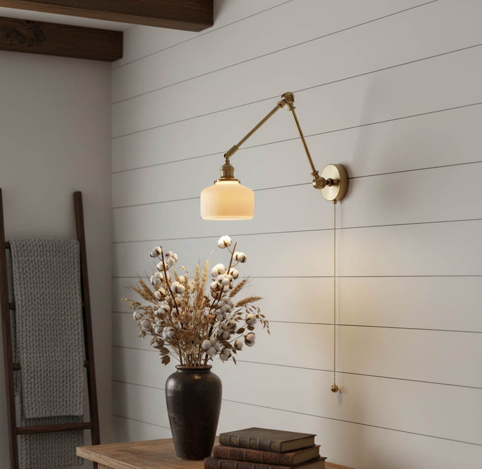 Swing Arm White Ceramic Wall Light – Brass Hardware