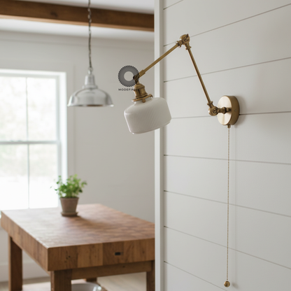 Swing Arm White Ceramic Wall Light – Brass Hardware