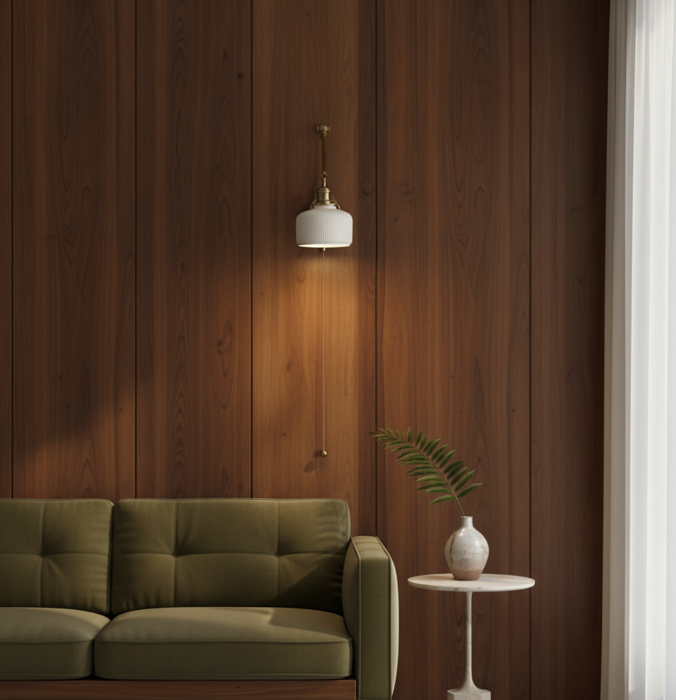 Swing Arm White Ceramic Wall Light – Brass Hardware