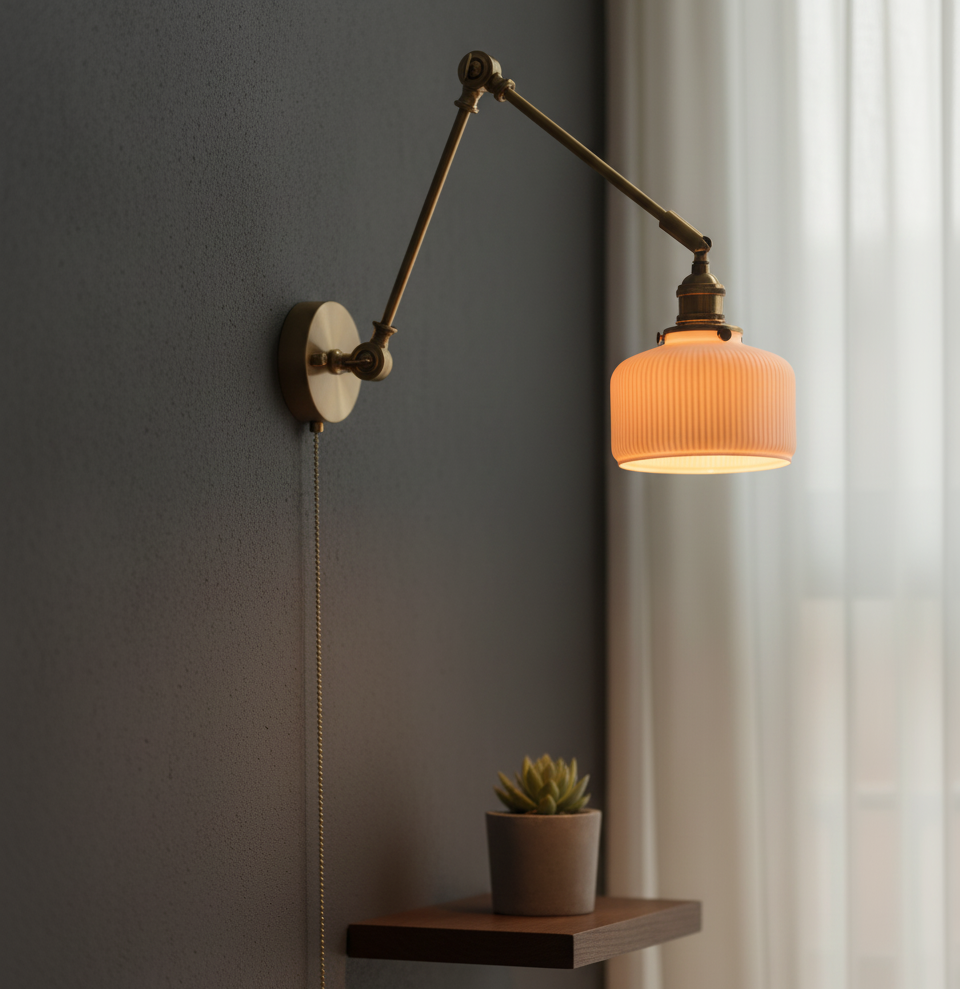Swing Arm White Ceramic Wall Light – Brass Hardware