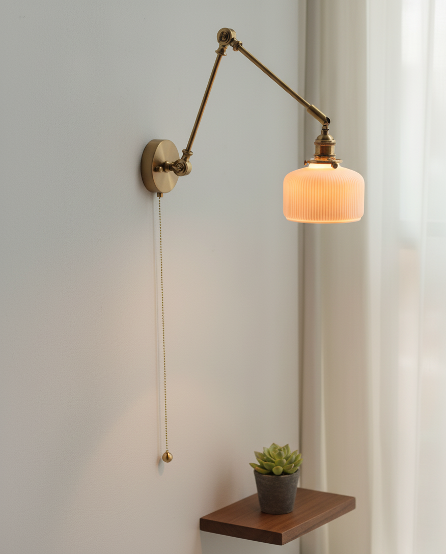 Swing Arm White Ceramic Wall Light – Brass Hardware