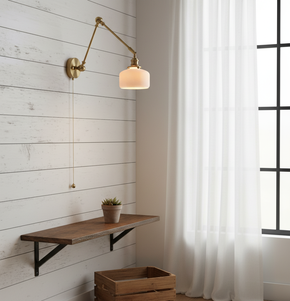 Swing Arm White Ceramic Wall Light – Brass Hardware