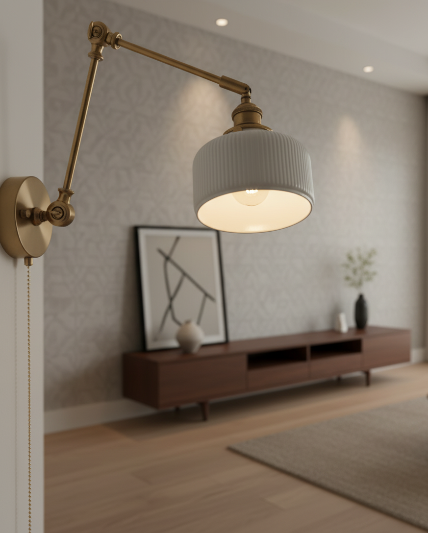 Swing Arm White Ceramic Wall Light – Brass Hardware