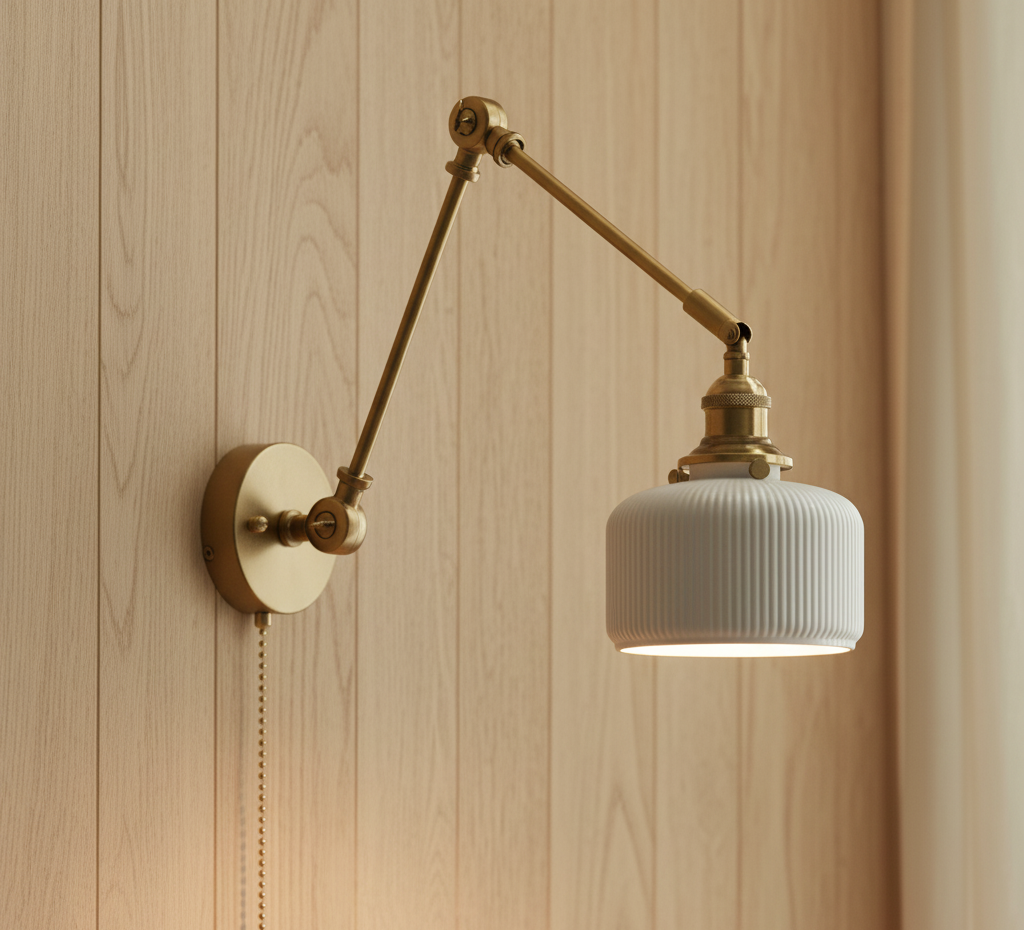 Swing Arm White Ceramic Wall Light – Brass Hardware
