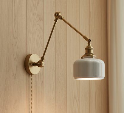 Swing Arm White Ceramic Wall Light – Brass Hardware