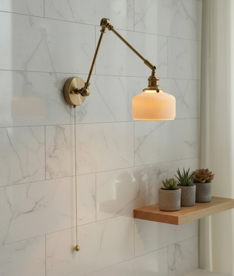 Swing Arm White Ceramic Wall Light – Brass Hardware