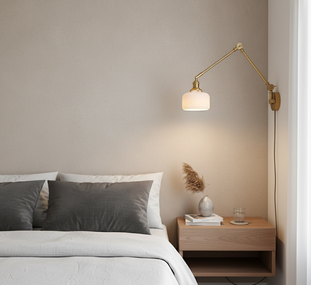 Bedroom with a bed, nightstand, and wall-mounted lamp.