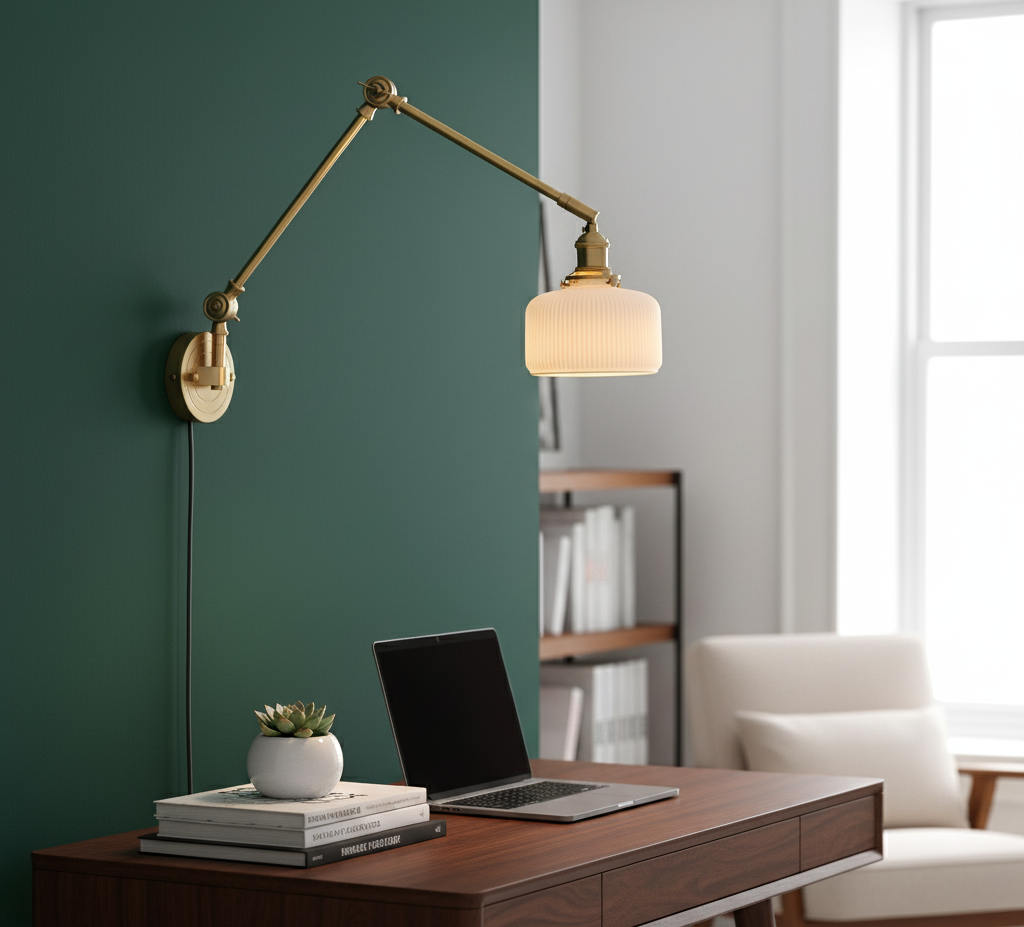 Wall-mounted lamp with a desk and laptop in a room with a green wall and white chair.