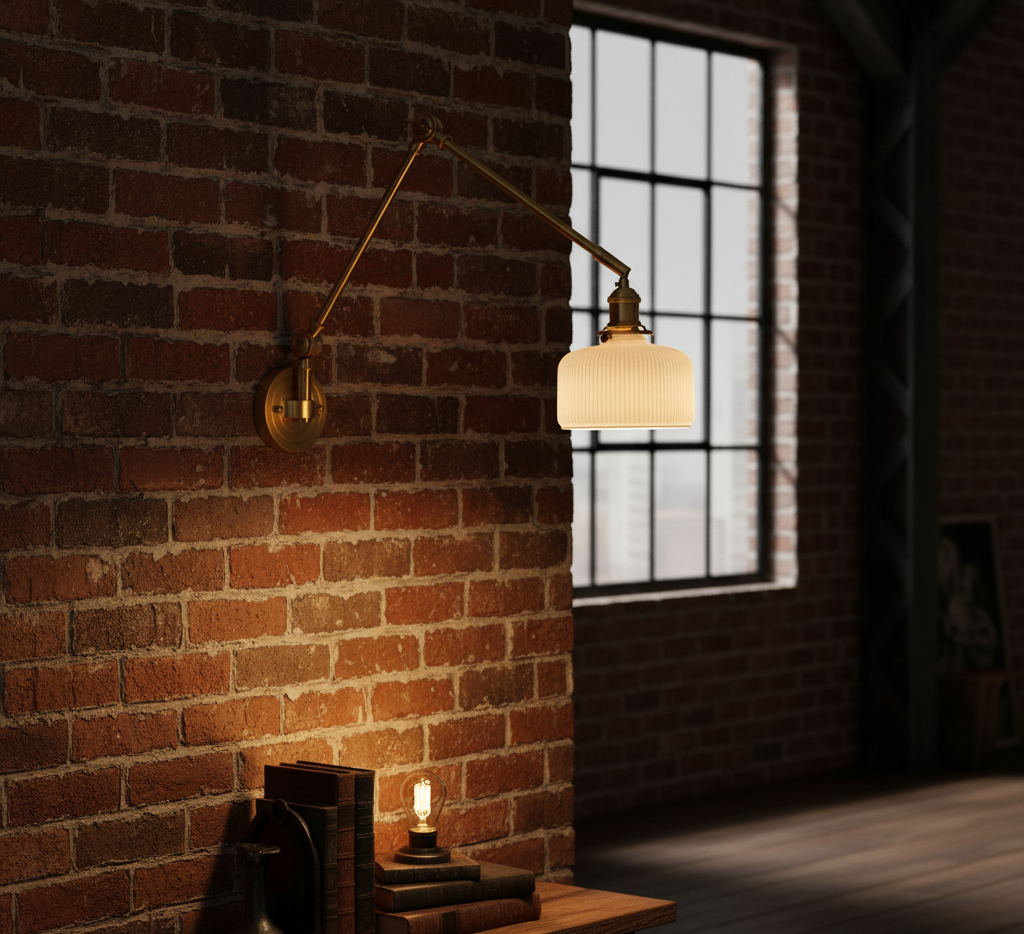 Wall-mounted lamp with a textured shade on a brick wall with a window in the background