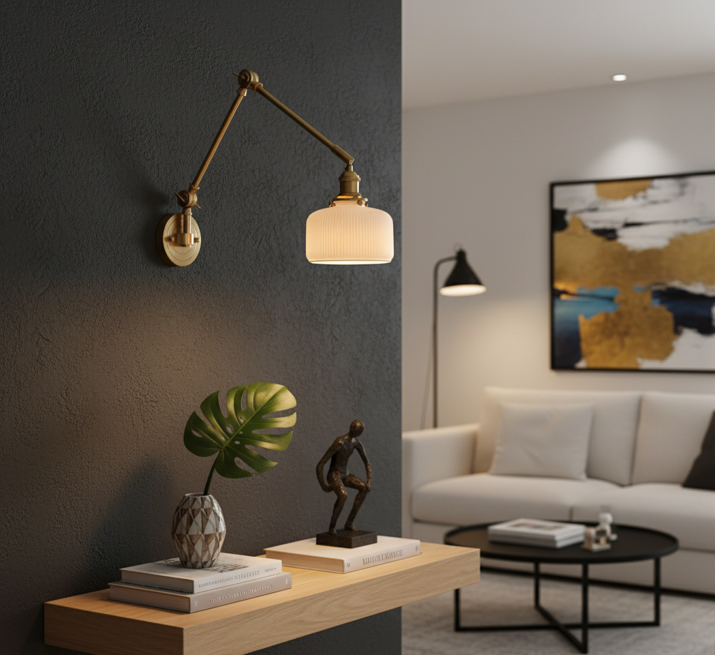 Modern wall sconce on a dark wall with a living room in the background
