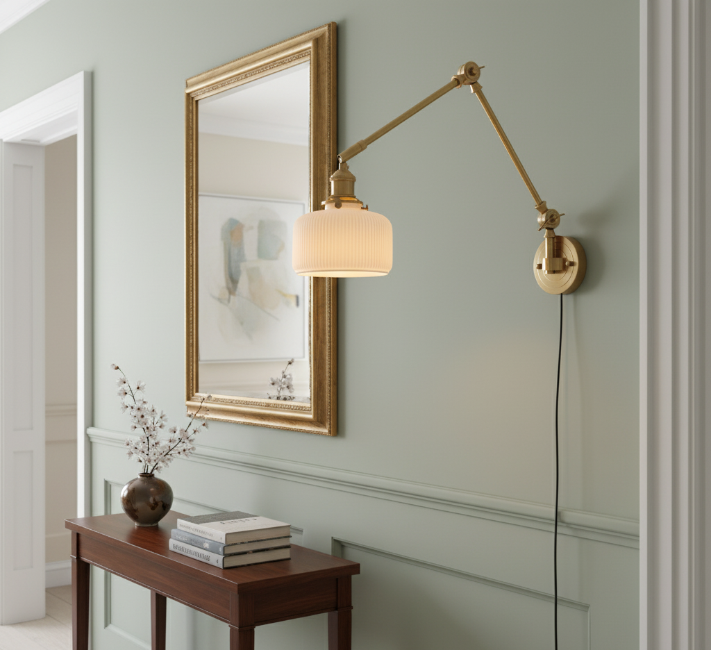 Wall-mounted lamp with a gold finish next to a mirror on a light green wall.