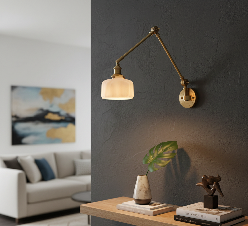 Modern wall sconce in a living room setting with a sofa and decor items.