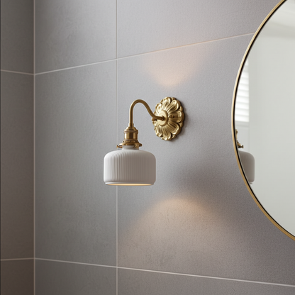 Antique Brass Wall Sconce with White Ceramic Shade - Rustic Style