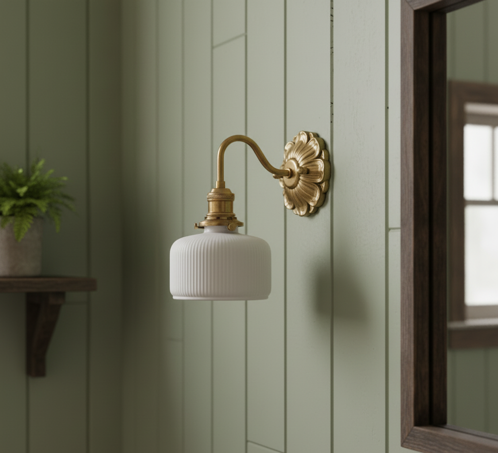 Antique Brass Wall Sconce with White Ceramic Shade - Rustic Style