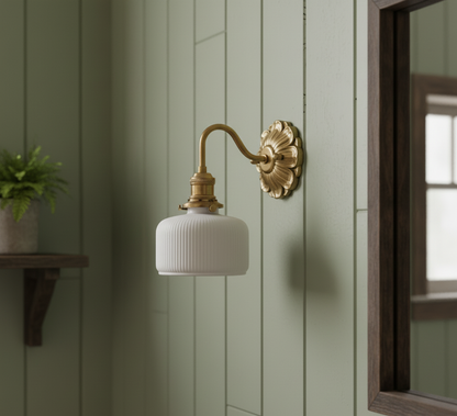 Antique Brass Wall Sconce with White Ceramic Shade - Rustic Style