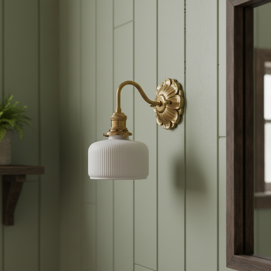 Antique Brass Wall Sconce with White Ceramic Shade - Rustic Style - Modefinity