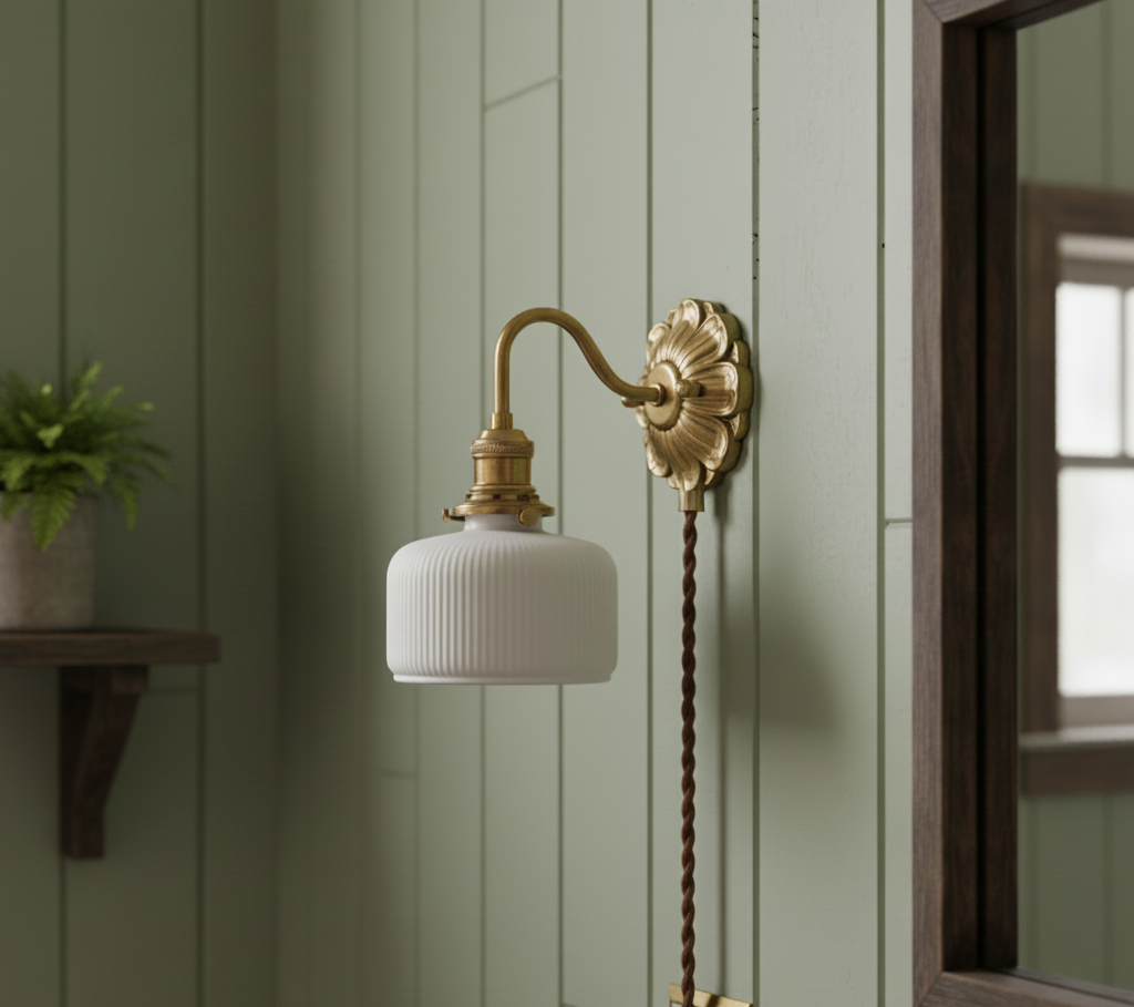 Antique Brass Wall Sconce with White Ceramic Shade - Rustic Style