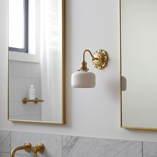 Antique Brass Wall Sconce with White Ceramic Shade - Rustic Style